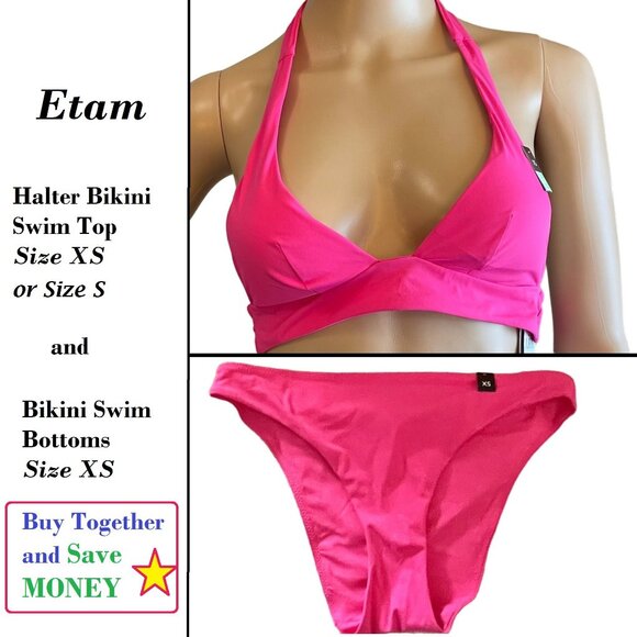 Etam Pink Halter Bikini Set XS Recycled Polyamide Removable Foam Cups - Picture 2 of 9